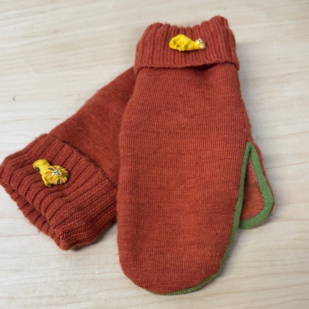 Rust Orange knit sweater and suede fleece lined Mittens with Lion Detail buttons